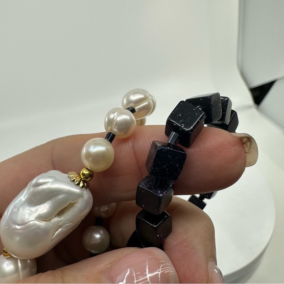 New Handmade Freshwater Pearl & Navy Goldsand Gem Necklace with Toggle Clasp - Picture 9 of 14